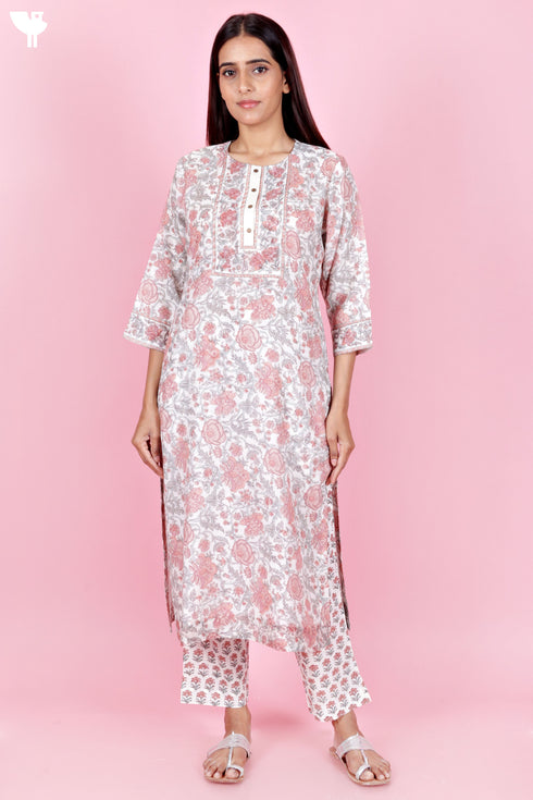 Chanderi Silk Kurta And Pant Set With Block Print